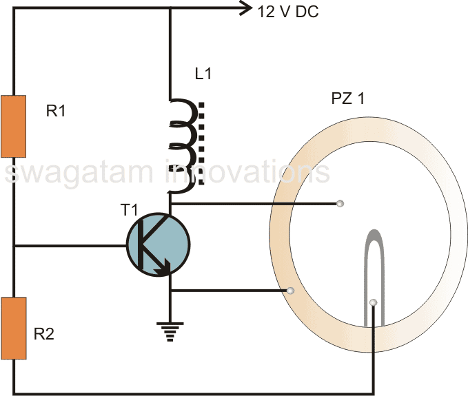 simple buzzer circuit diagram using a single BC547 transistor, piezo 27mm and an inductor