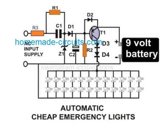 emergency light circuit diagram using a single transistor and a transformerless power supply