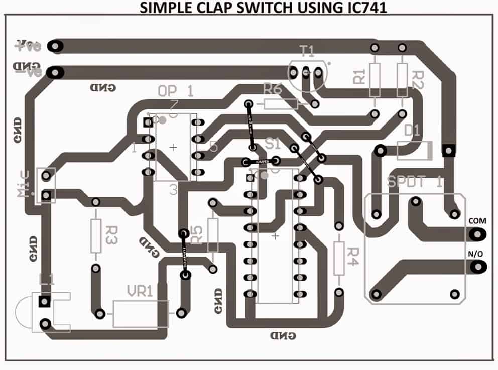 clap activated switch circuit PCB track side layout