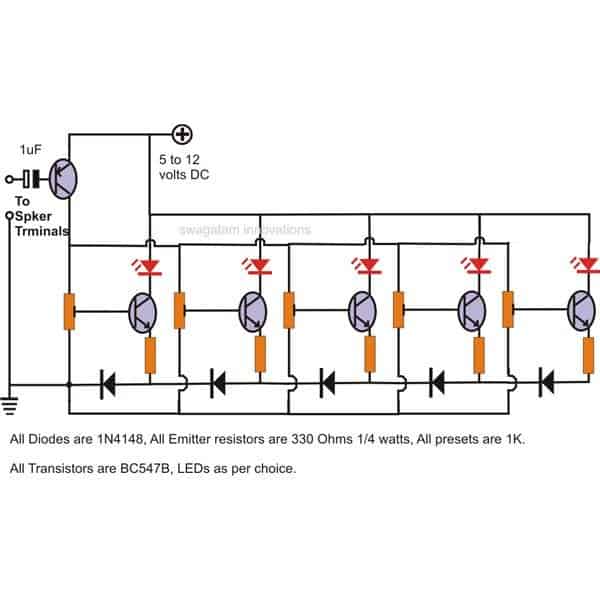 simple transistorized adjustable music level indicator circuit