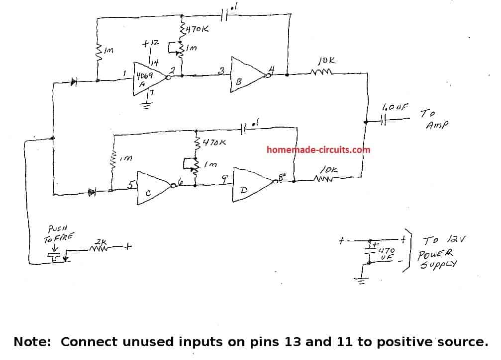 simplified 4049 IC based gun sound generator circuit