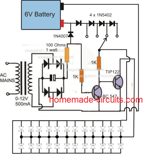 high power emergency lamp circuit diagram using TIP122 transistor and automatic battery charger