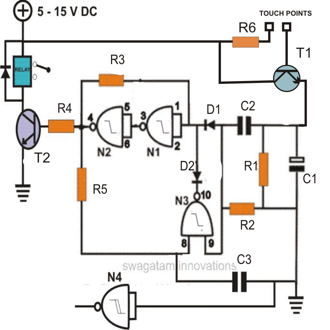 touch switch using Schmitt Trigger IC 4093