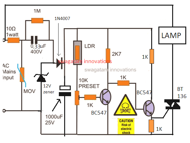 transformerless automatic night lamp circuit diagram using triac and 220 V lamp