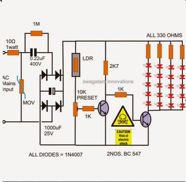 two transistor, transformerless LDR based automatic night lamp circuit diagram