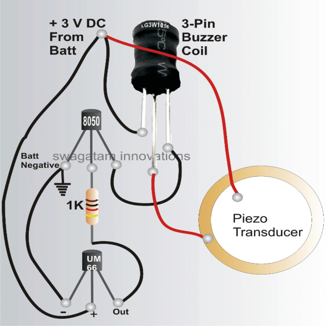 bicycle musical horn circuit using 27mm piezo transducer and UM66 tone generator