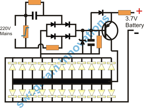 Transformerless single transistor emergency lamp circuit diagram with 20 LEDs