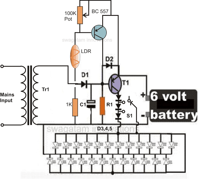 LED LDR Emergency Light Circuit