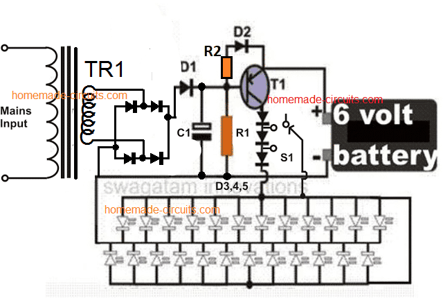 easy emergency light circuit diagram using a single transistor