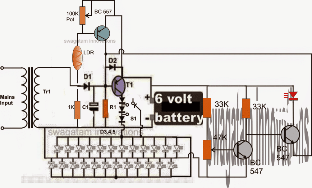 emergency lamp circuit diagram with low battery shut down and LDR darkness detection