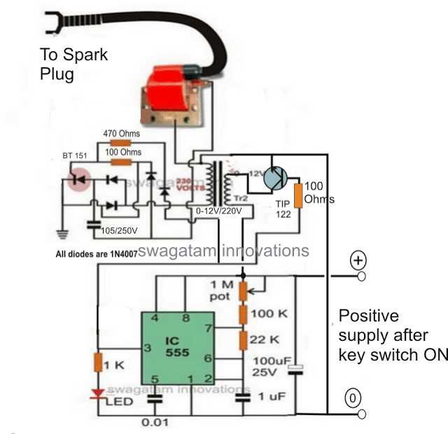fence charge circuit diagram using IC 555 and ignition coil