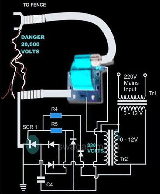 Homemade Fence Charger, Energizer Circuit diagram using two step down transformers