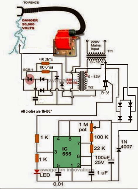 Homemade Fence Charger, Energizer Circuit diagram with IC 555 oscillator