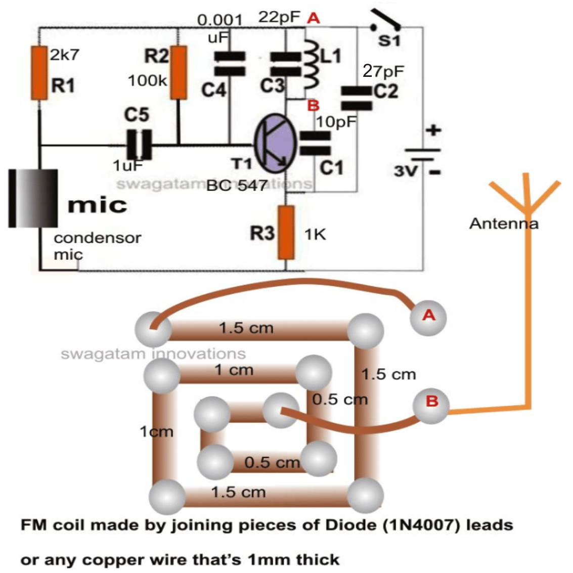 FM transmitter circuit with coil mounted on PCB