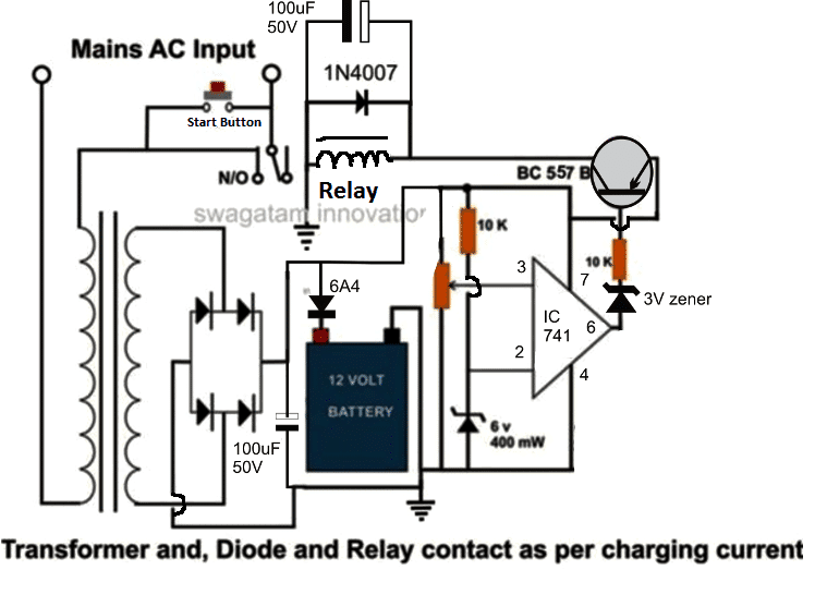 high current automatic cut off lead acid battery charger circuit diagram using relay