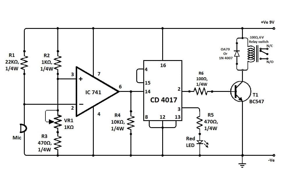 clap switch circuit using IC 741 opamp