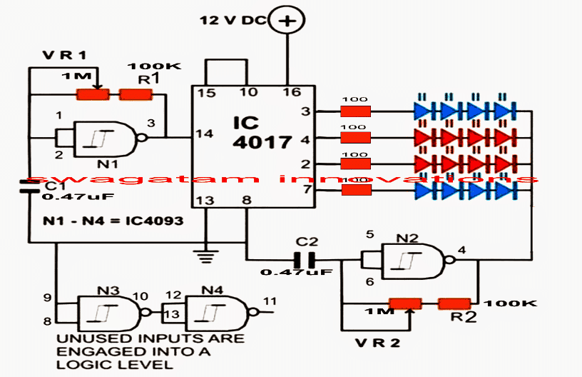 flashing + chasing strobe light using IC 4017 circuit