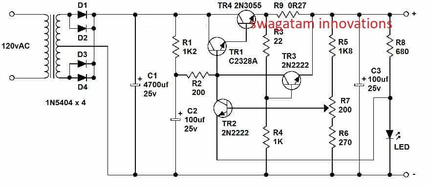 Variable Voltage Current Power Supply Circuit Using Transistor 2n3055 Homemade Circuit Projects