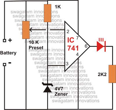 simple low battery indicator circuit using IC 741 op amp