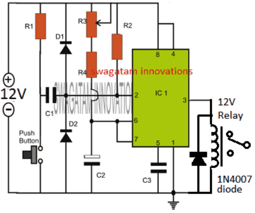 simple adjustable IC 555 timer circuit with relay switching