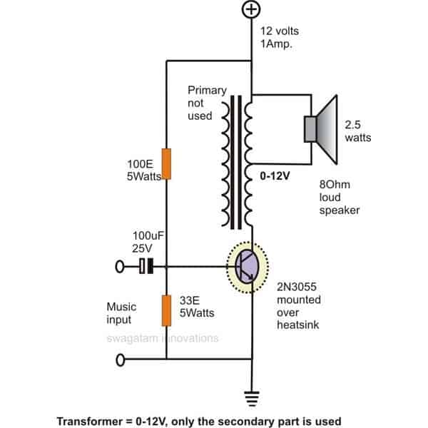 single 2N3055 transistor amplifier circuit