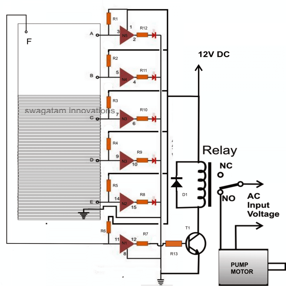 automatic water level controller circuit diagram using IC 4049 NOT gates