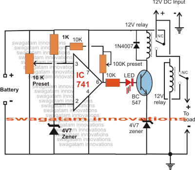 Low Battery Indicator Circuit Diagram with load disconnect