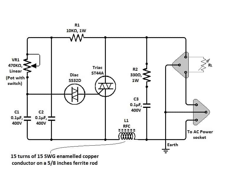 220V 120V triac diac dimmer circuit