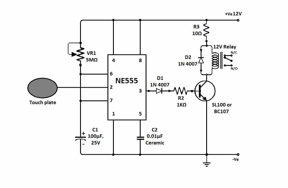touch sensor relay circuit using IC 555