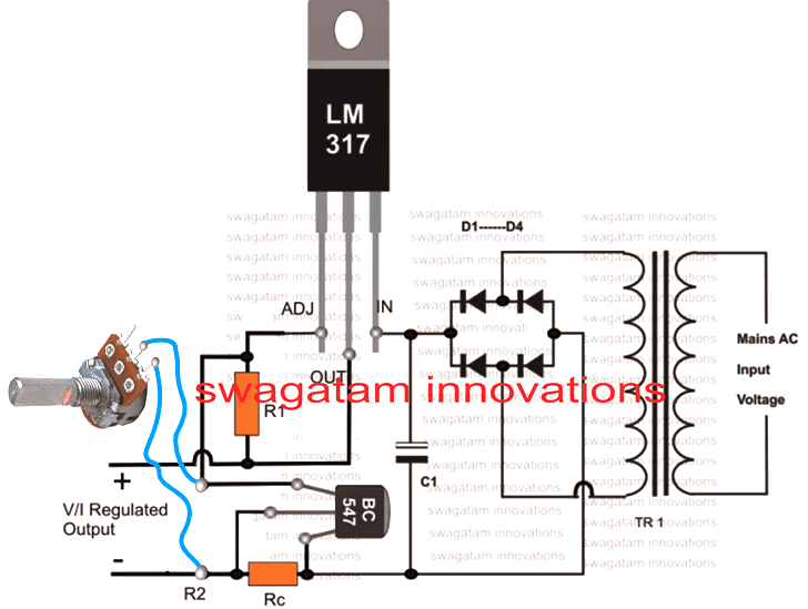 LM317 voltage regulator power supply with current control