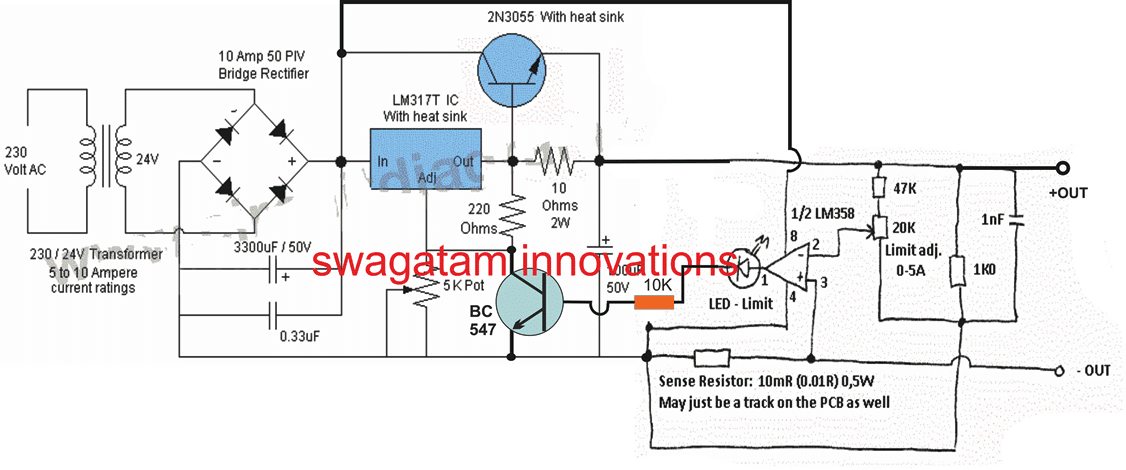 High current LM317 battery charger circuit with overload protection