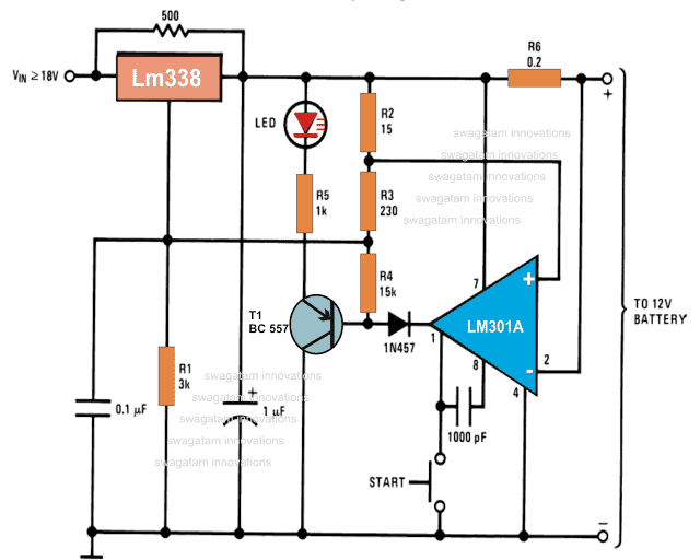 Compact 12 volt Battery Charger Using IC LM 338 and LM301 circuit diagram
