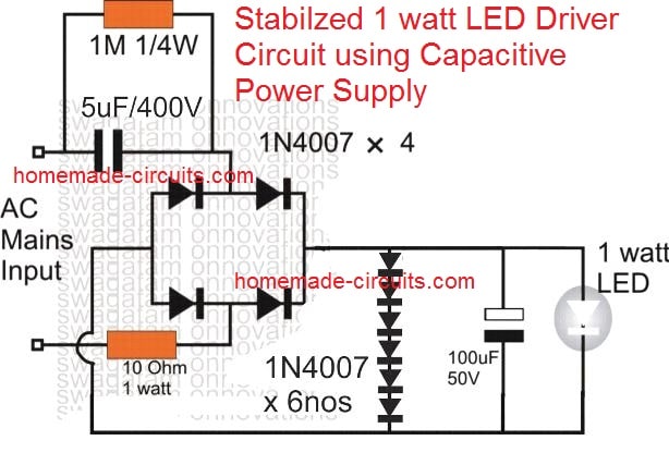 Stabilized 1 watt LED Driver using Capacitive Power Supply