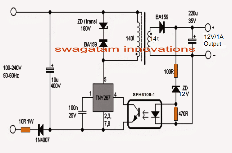 12V 1amp smps circuit using TNY