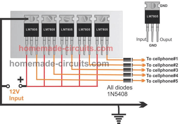 charging cellphones by parallel IC 7805 ICs