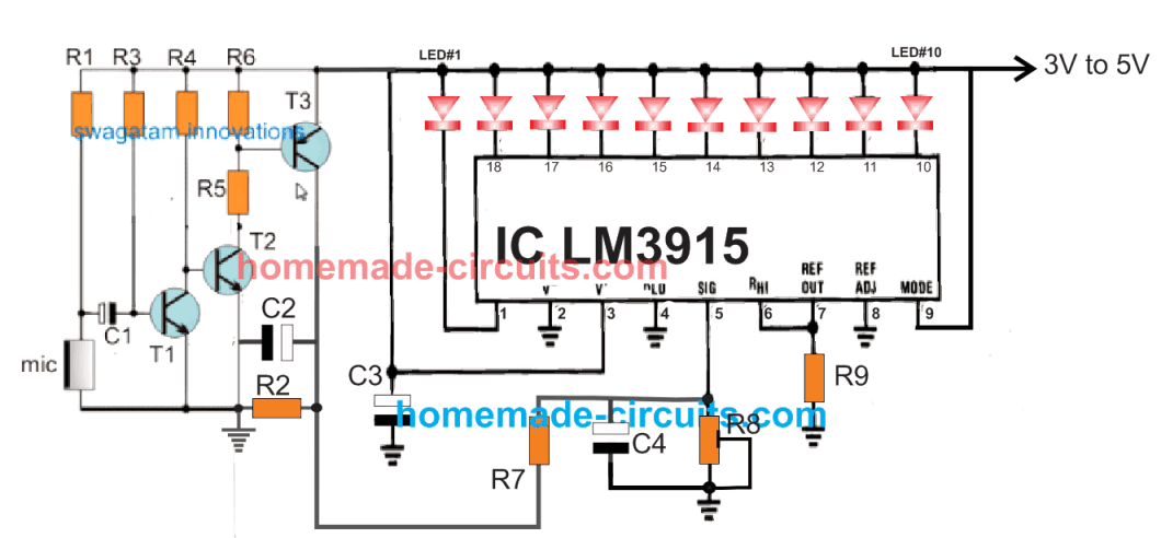 vibration meter circuit diagram with 10 LEDs