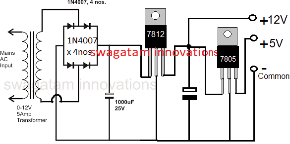 12, 5V regulated power supply circuit using IC 7812 and IC 7805