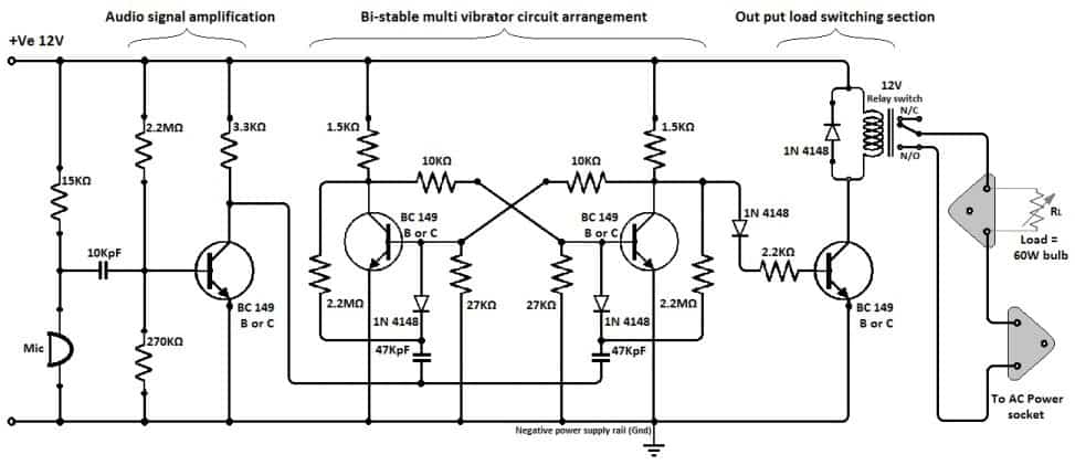 220 V clap switch circuit using transistors