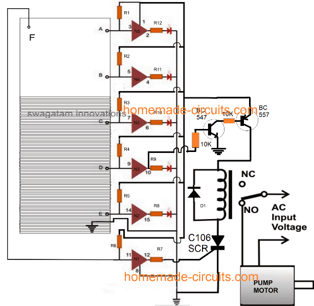 automatic water level controller circuit diagram using IC 4049 and SCR