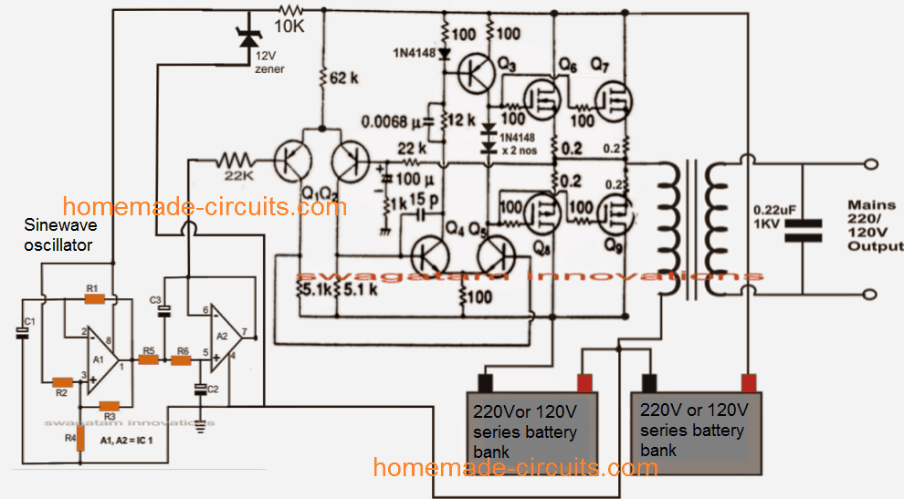 200 watt transformerless sinewave inverter circuit diagram