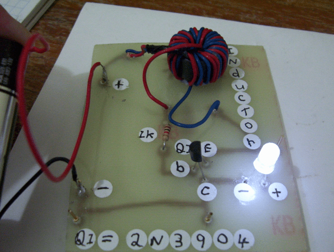working prototype of the joule thief circuit using 2N3055 BJT