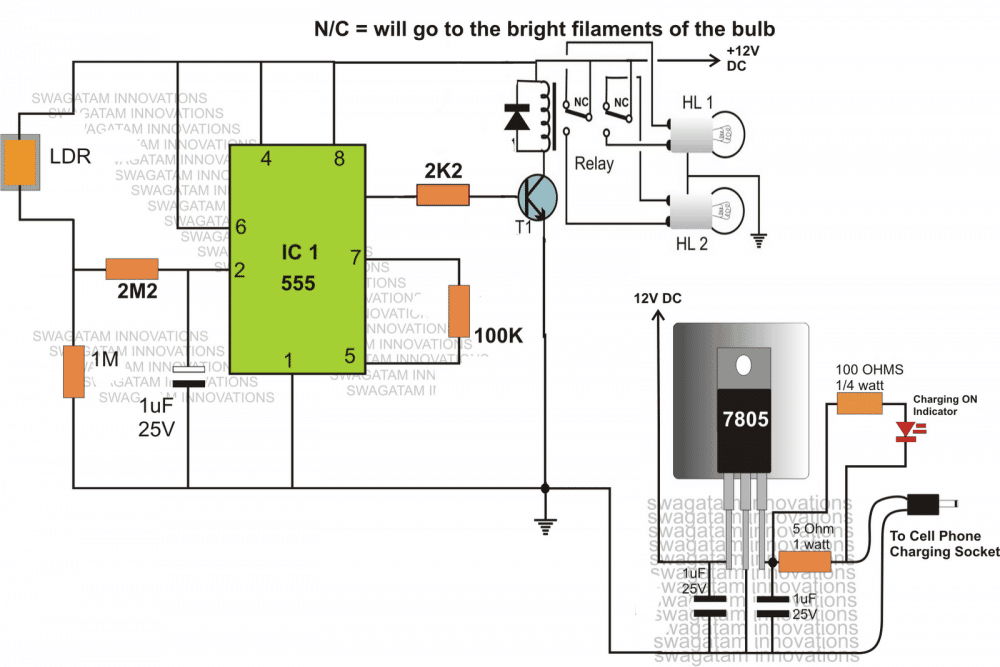 Automobile dimmer dipper lamp circuit diagram using mosfet and IC 555 with an optional mobile charger circuit.