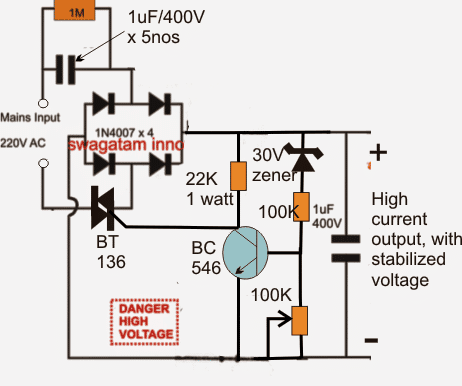 high current capacitive transformerless power supply circuit using shunt regulator