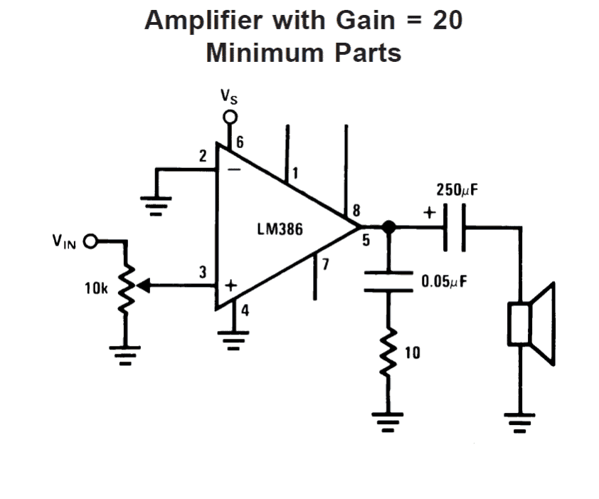 LM386 amplifier circuit with gain 20