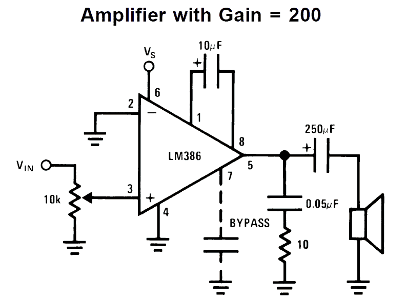 LM386 amplifier circuit with gain 200