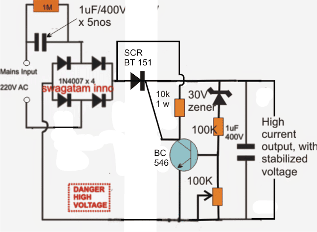 high current capacitive transformerless power supply circuit using SCR