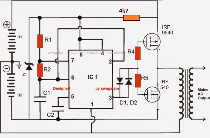 IC 555 full bridge inverter using 2 batteries