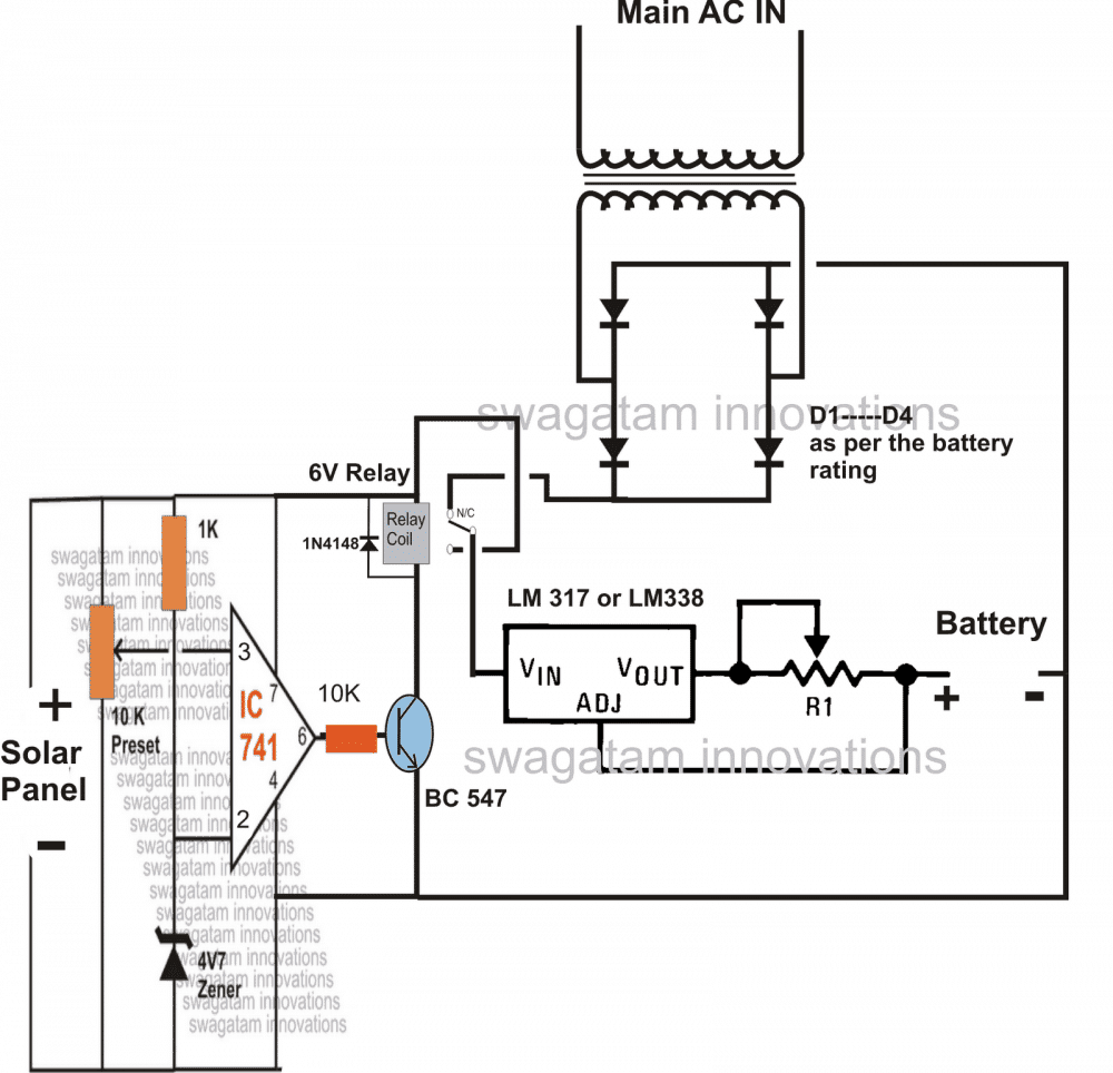 Solar Panel/AC Mains, Relay Changeover Circuit