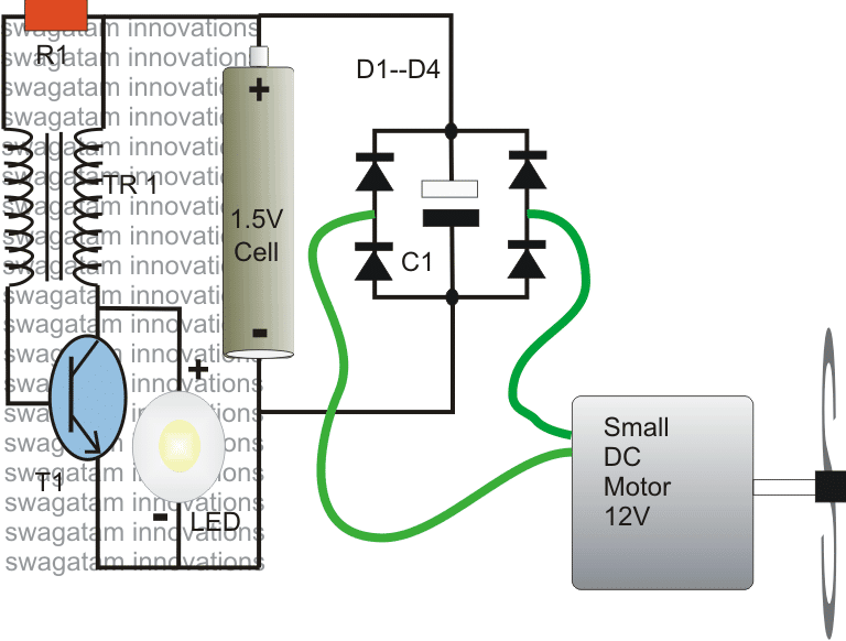 joule thief pictorial diagram for illuminating a 3.3V LED from motor generator