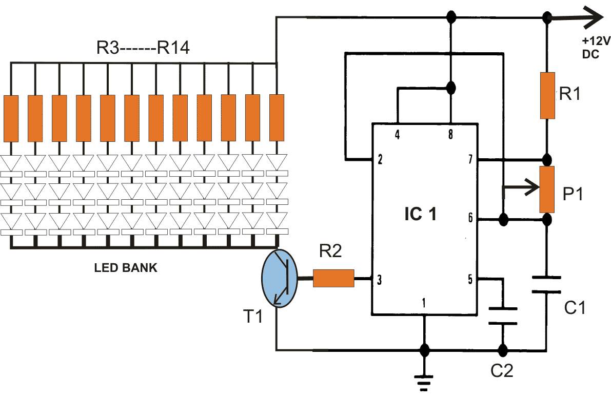 LED emergency lamp circuit diagram with PWM brightness control